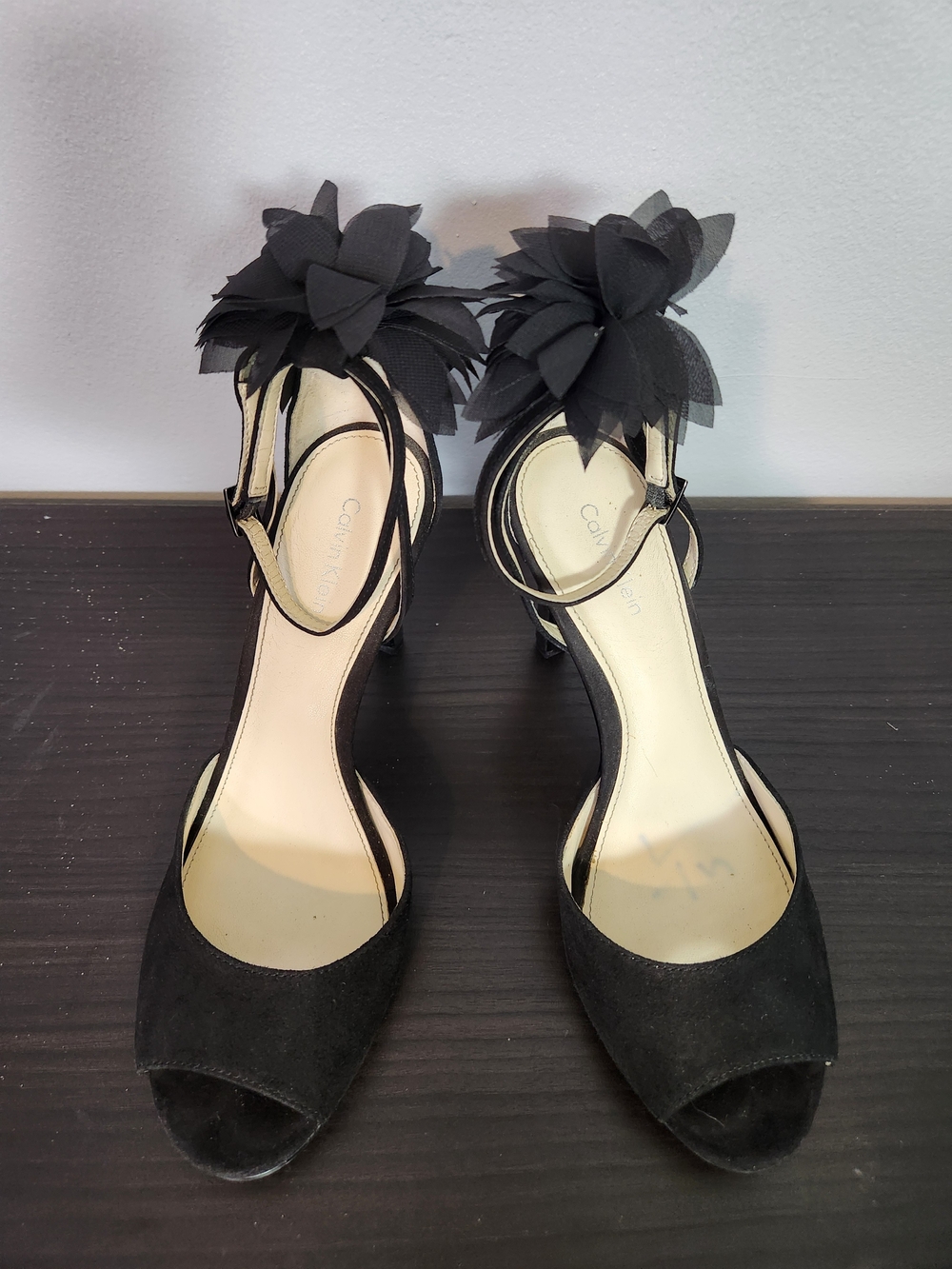 Calvin Klein Black Floral Ankle-Strap Peep-Toe Heels